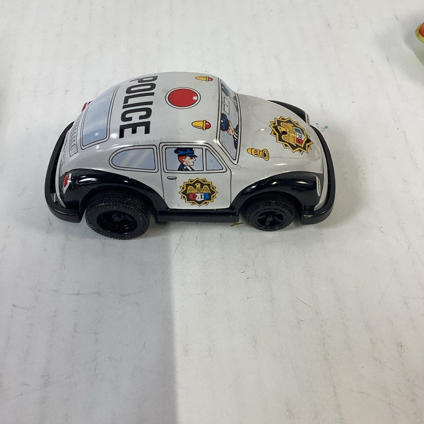 Vtg Japanese Tin Litho Wind Up Cars VW Beetle Police Car & Red VW Challenger