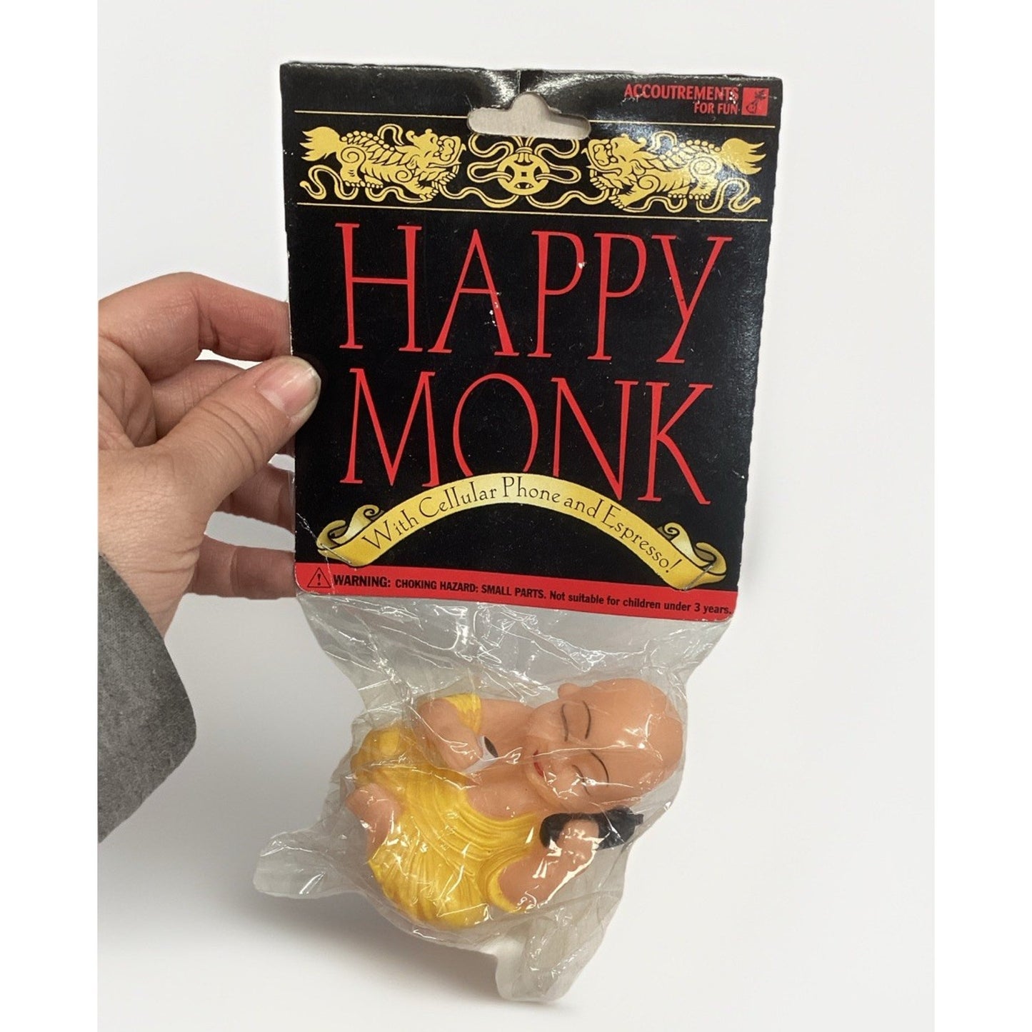 Vintage 1995 Happy Monk Squeaky Toy Holding An Espresso And Cellphone - New