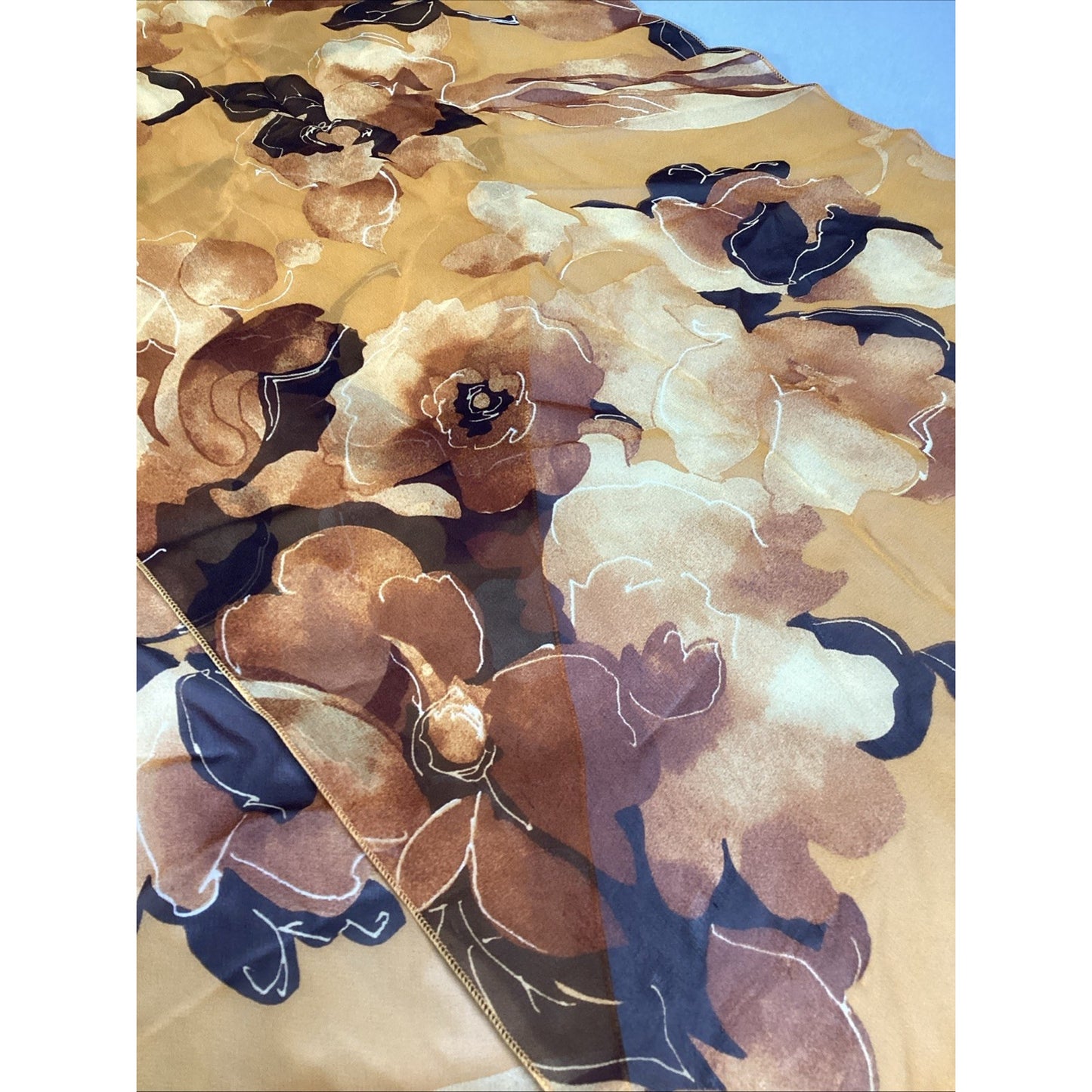 100% Silk Yellow Sheer Floral Scarf - 60x15”