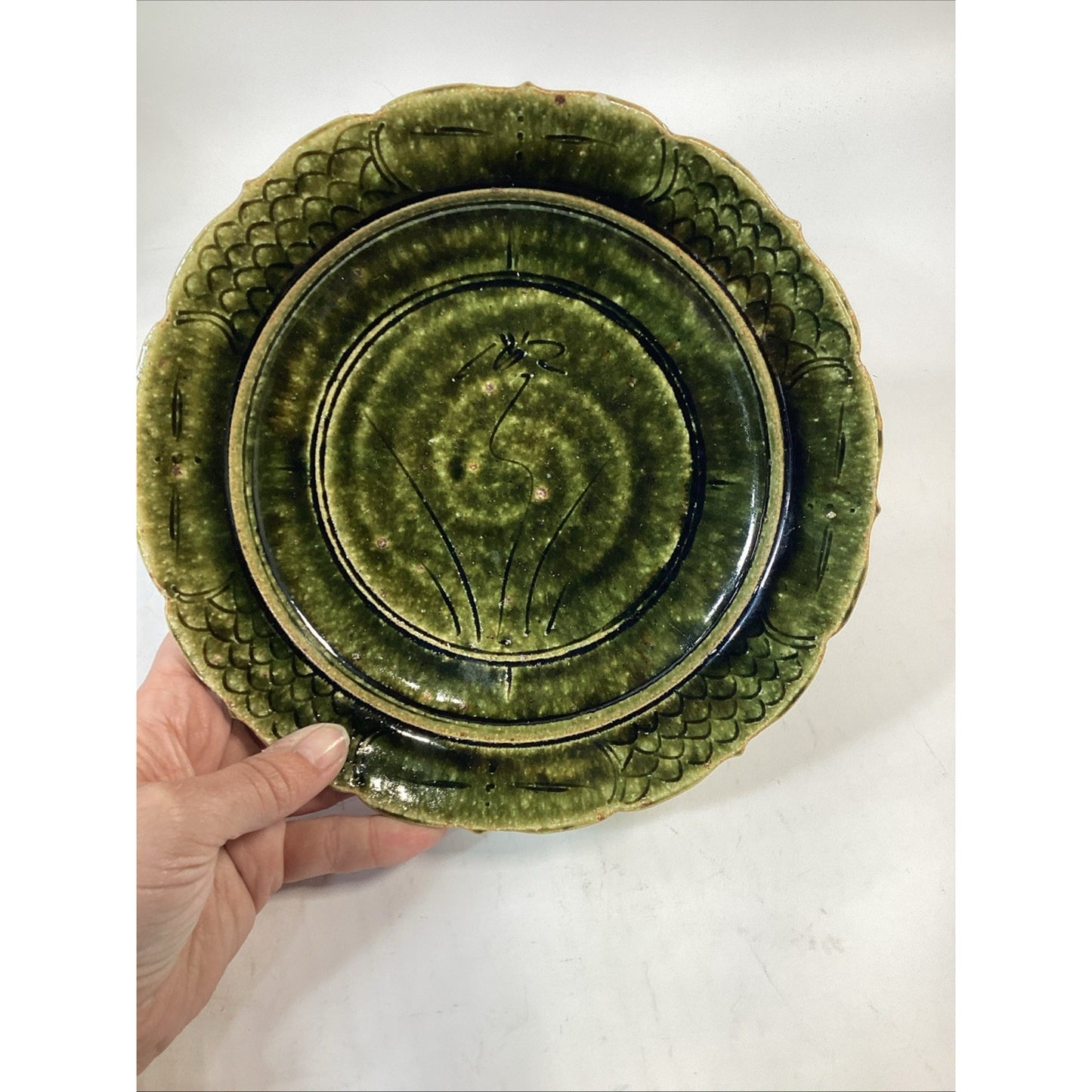 Handmade Hand Painted Dark Green Soup Salad Bowls - 8.25”D