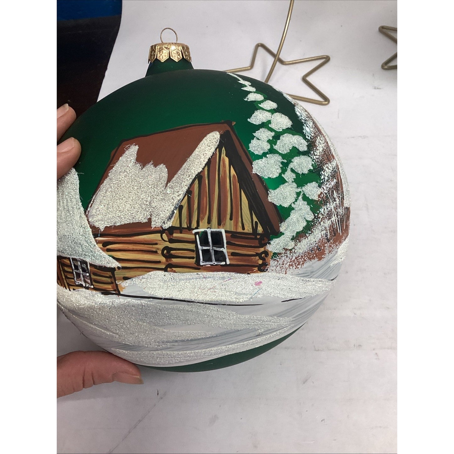 2 Hand Painted Snowy Cabins Glass Ball Ornaments With Ornament Hangers - 7”D