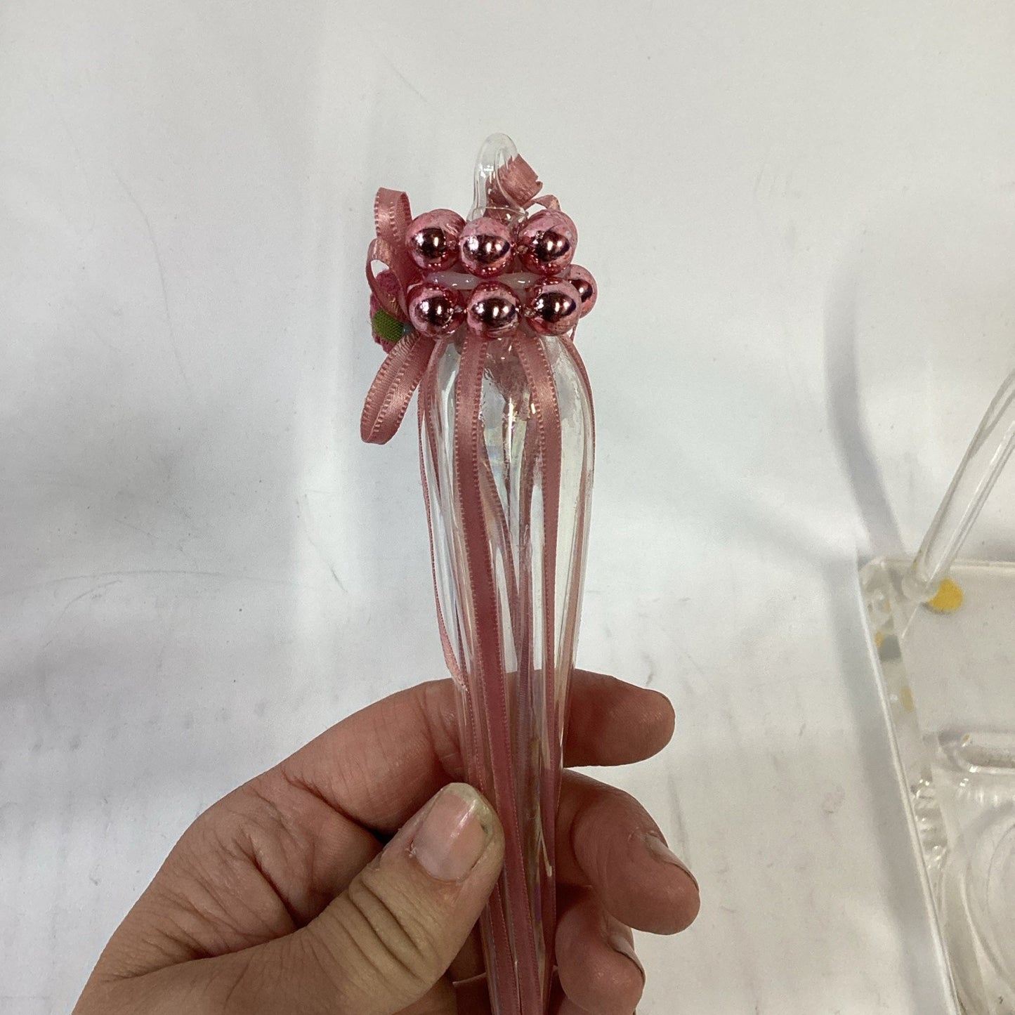 Lot of 2 Glass Christmas Ornaments - Heart With Roses And Icicle With Flower
