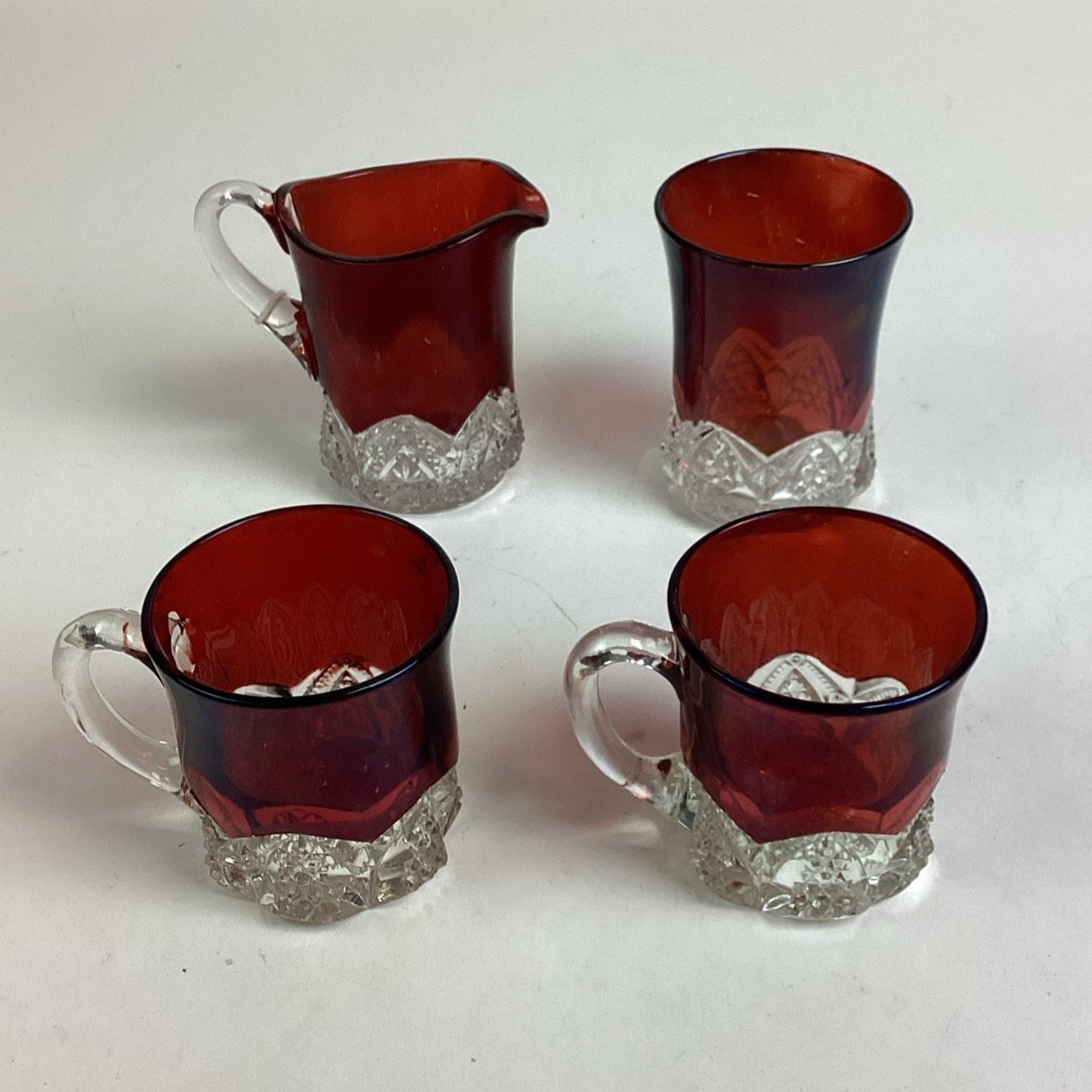 Set Of 4 - Antique Ruby Red Glass Creamer, Tumbler And Mugs