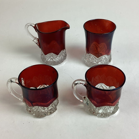 Set Of 4 - Antique Ruby Red Glass Creamer, Tumbler And Mugs
