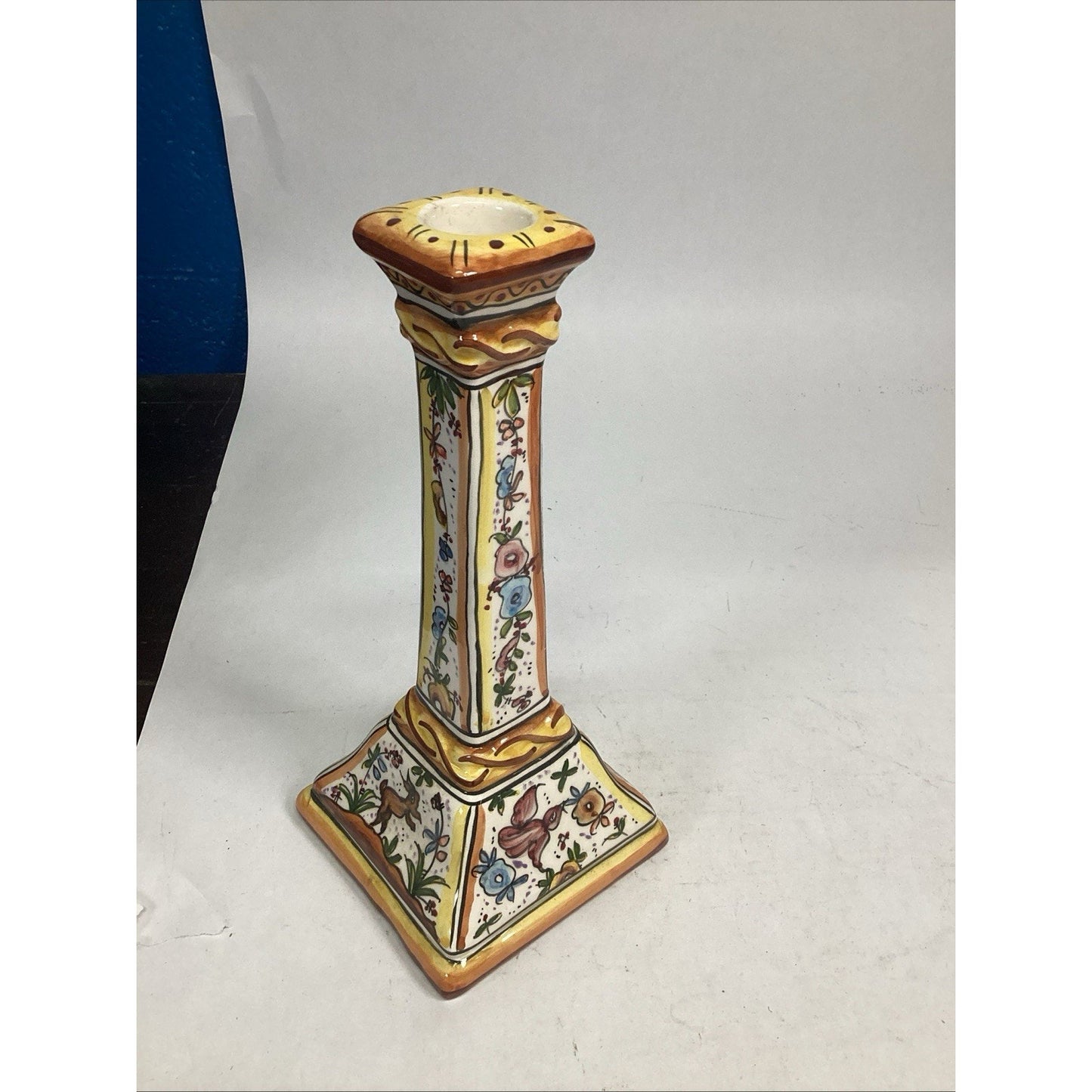 Portuguese Majolica Holu Candlestick W/ Bunnies, Birds And Flowers