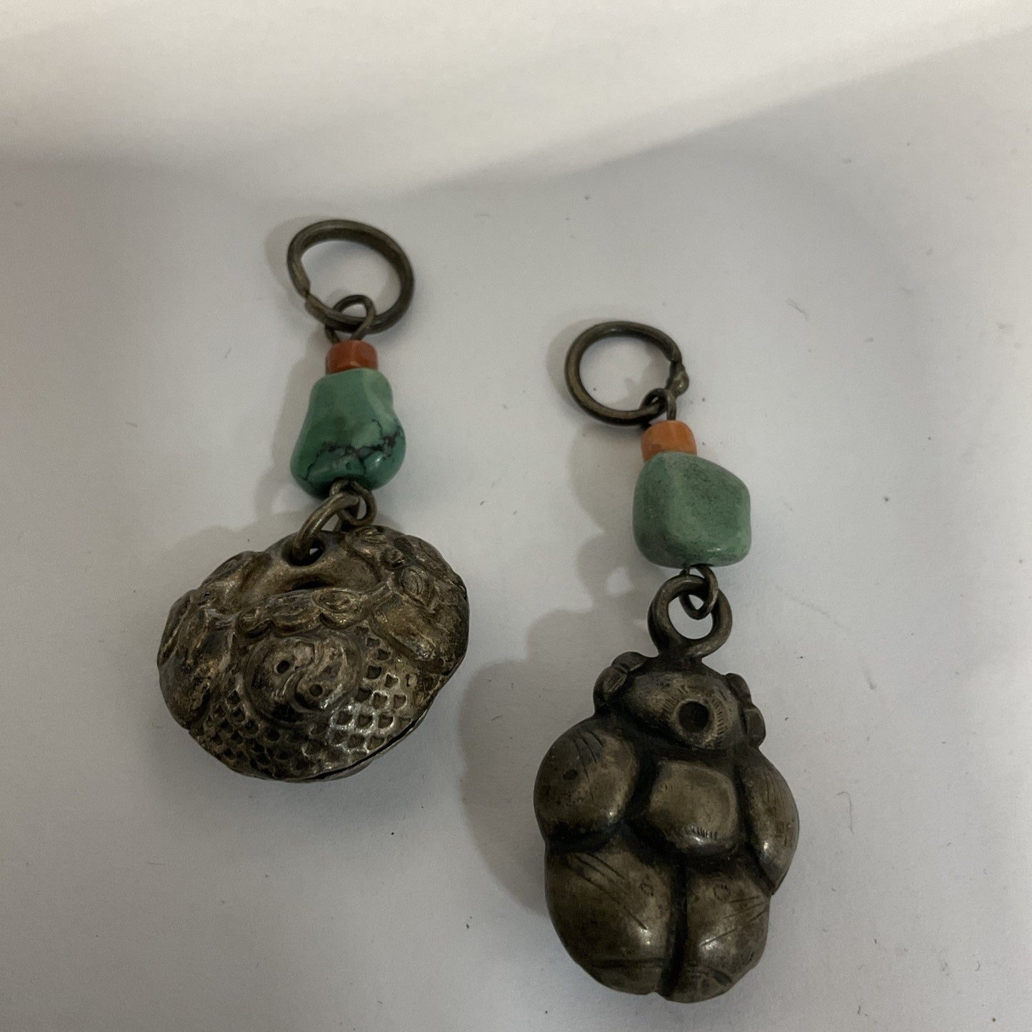 2 Antique Chinese Silver Charm/Pendants/With Turquoise & Coral Adornments