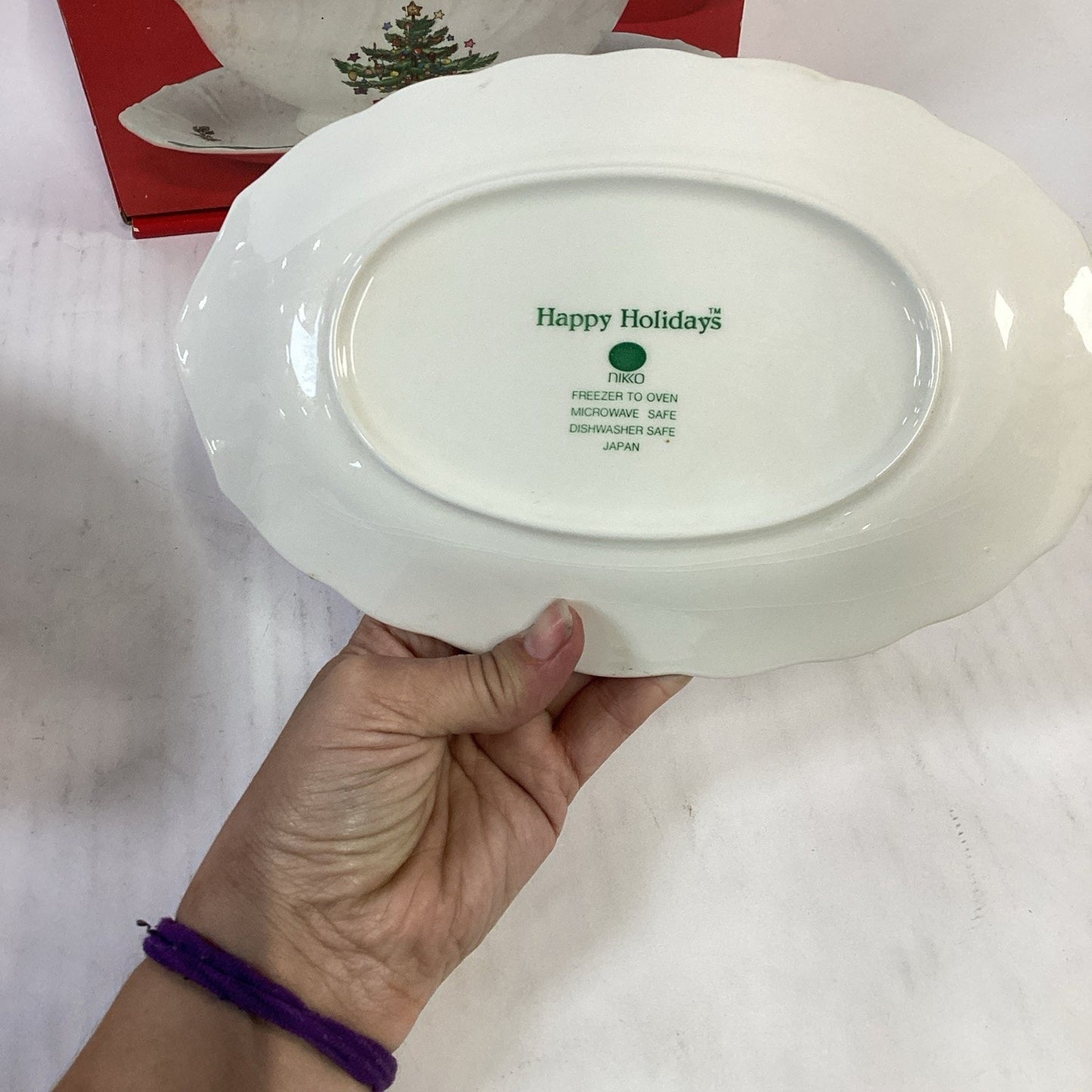 Nikko Christmas Tree Gravy Sauce Boat, Stand And Original Box
