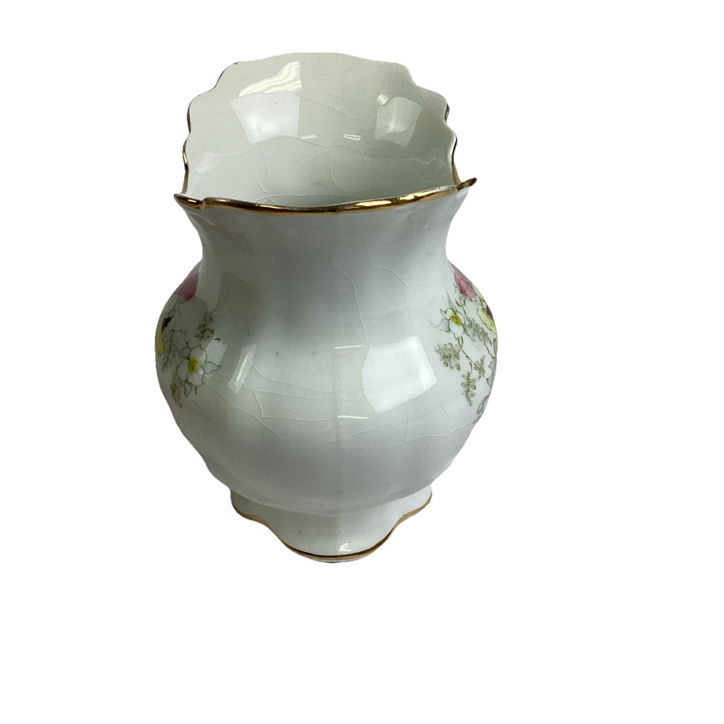 Vintage Homer Laughlin Floral Crackled Ceramic Porcelain Vase W/ Gold Trim