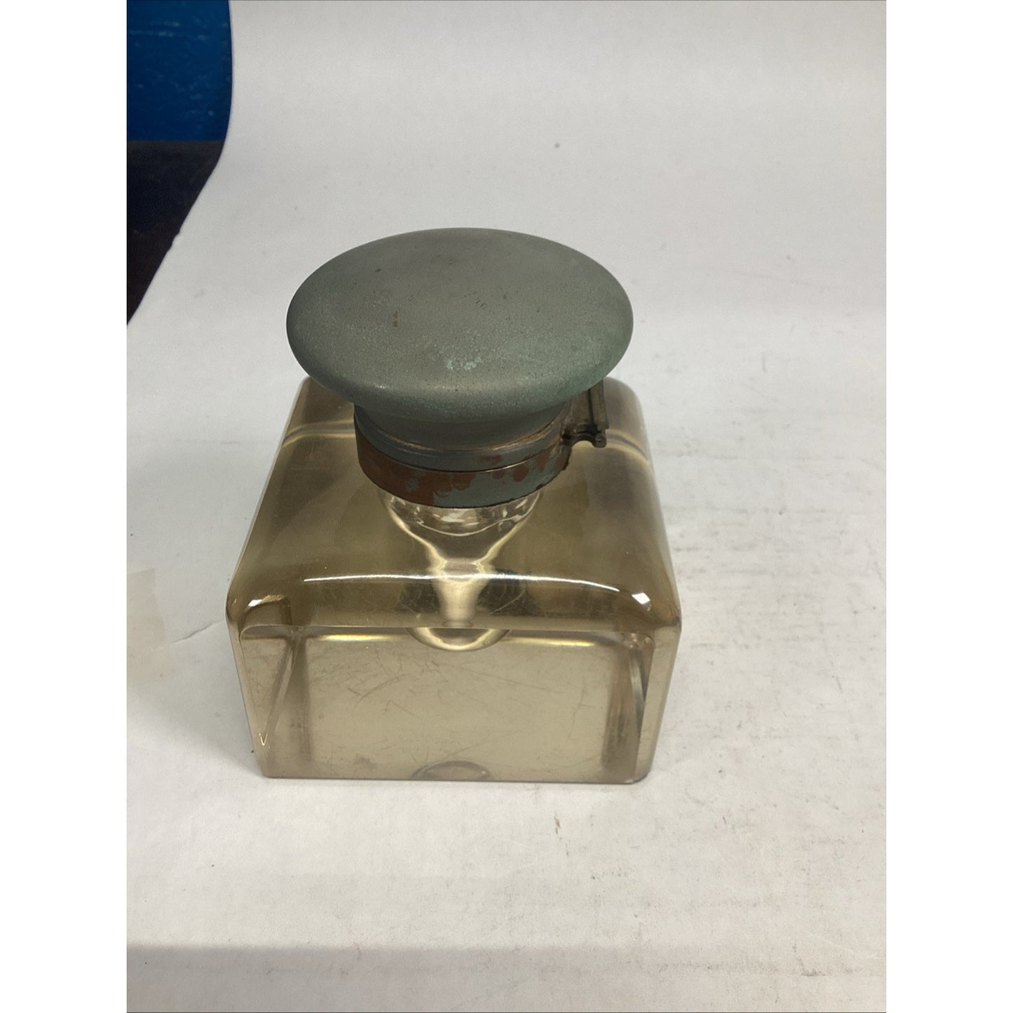 Antique Large 1910 English Glass Inkwell - Crystal & Nickel Over Brass