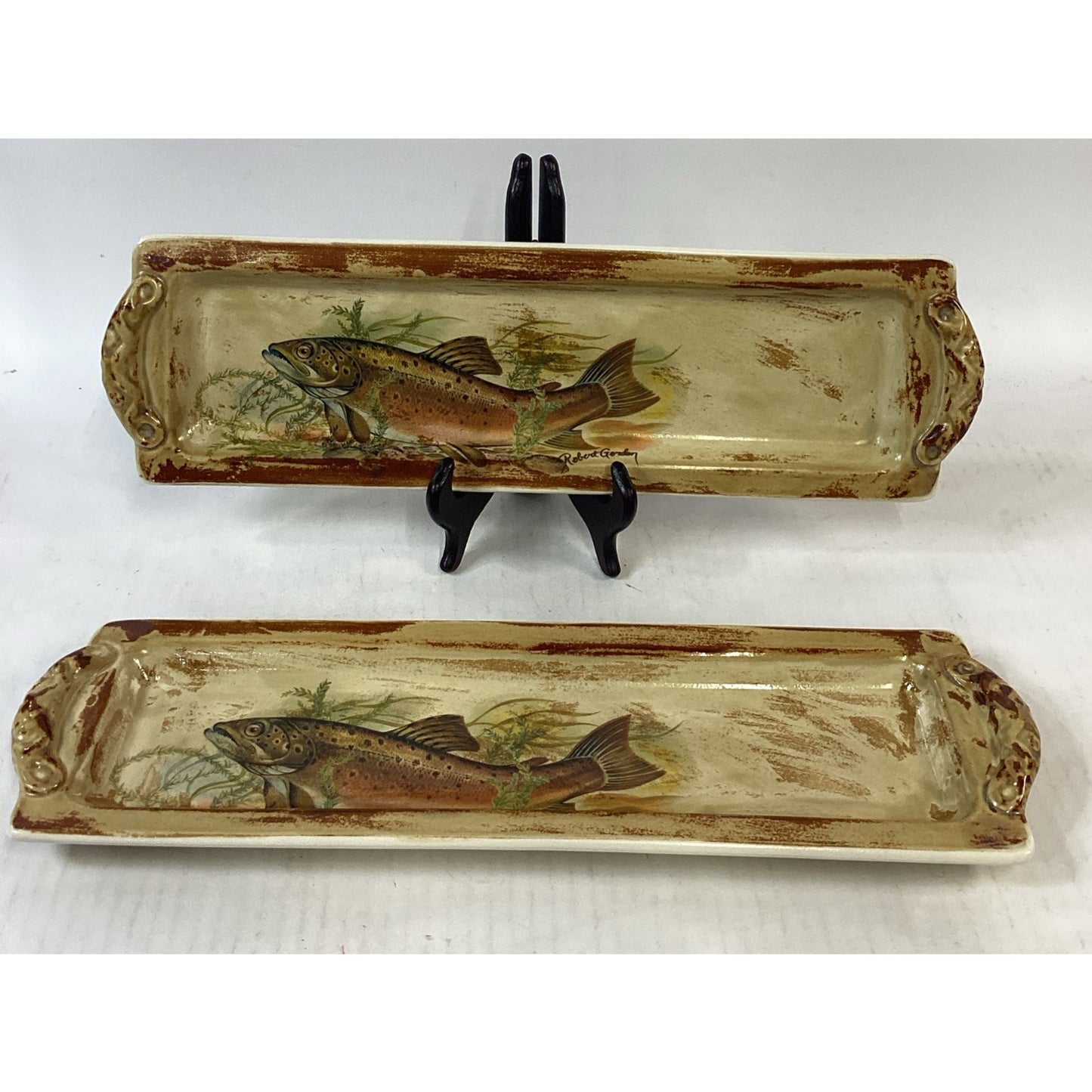Lot Of 2 Rare Rustic Robert Gordon Pottery Trout Platters - 17.5”L - Australia