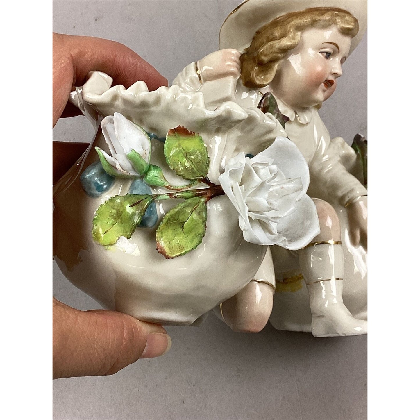 Vintage Porcelain Child Figurine With 2 Flower Vases - 6”