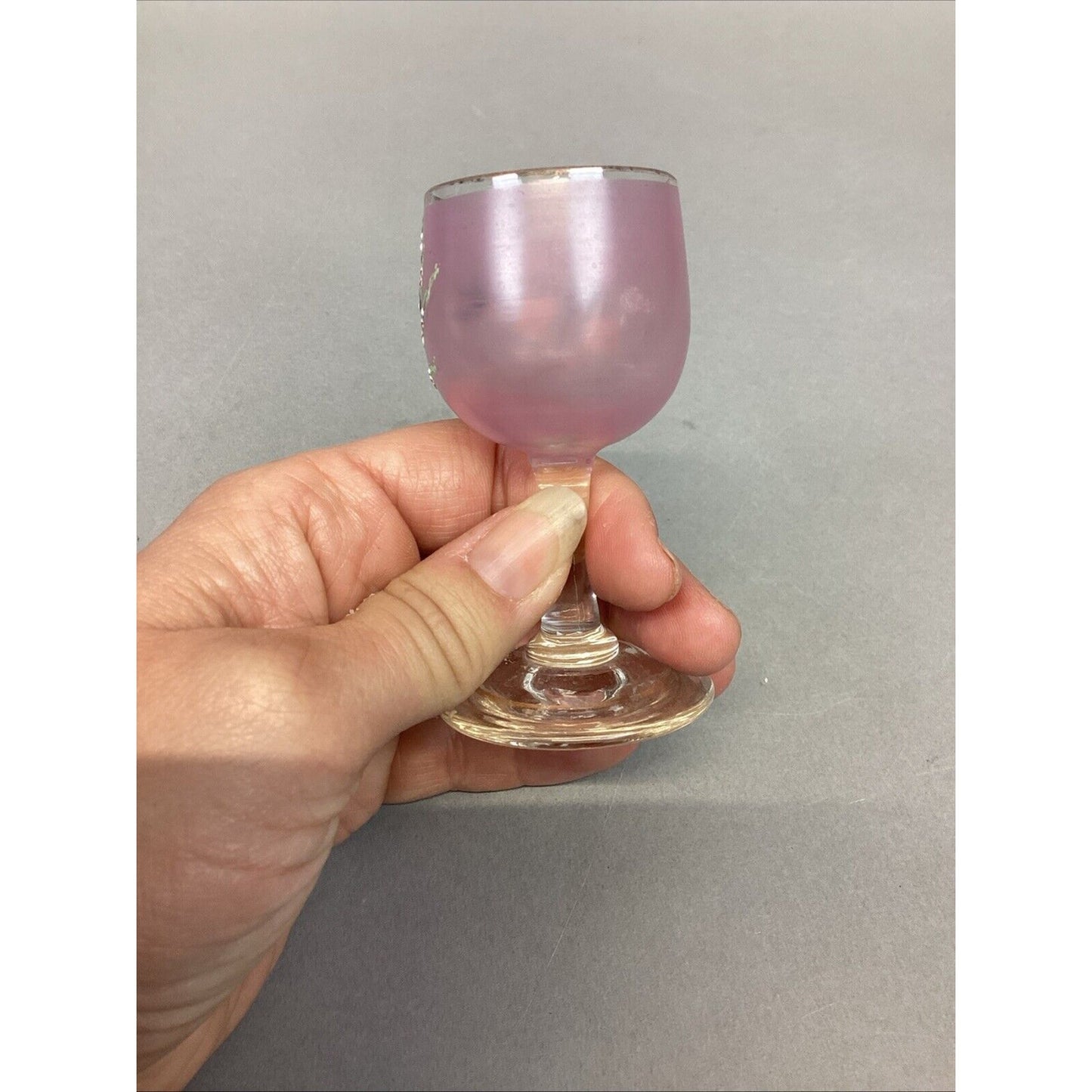 2 Unique Vintage Hand Painted Miniature Pink Wine Glasses Bird & Flowers - 3”