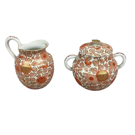 Vintage Floral Orange And Gold Porcelain Creamer & Sugar Bowl Set - 4”H