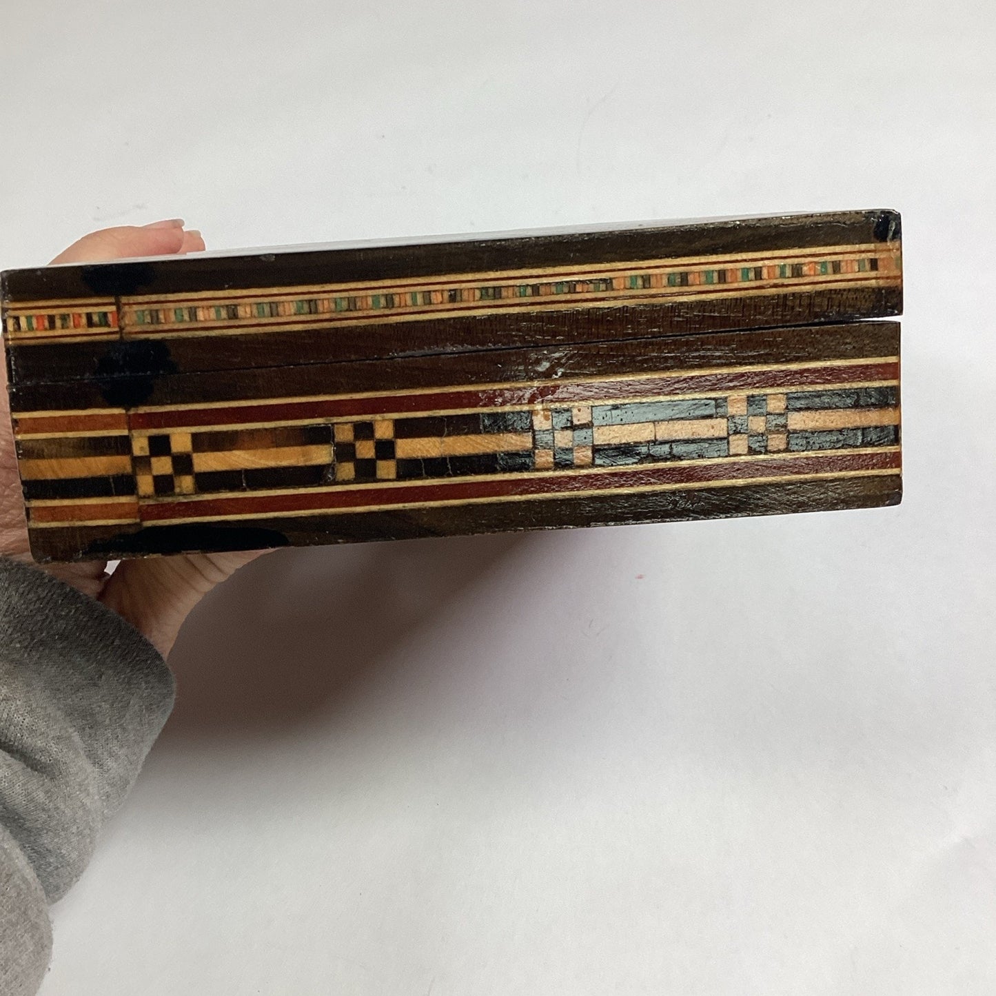 VINTAGE Mosaic Wooden Jewelry Hinged Trinket Box W/ Red Velvet Interior - 7.75”L