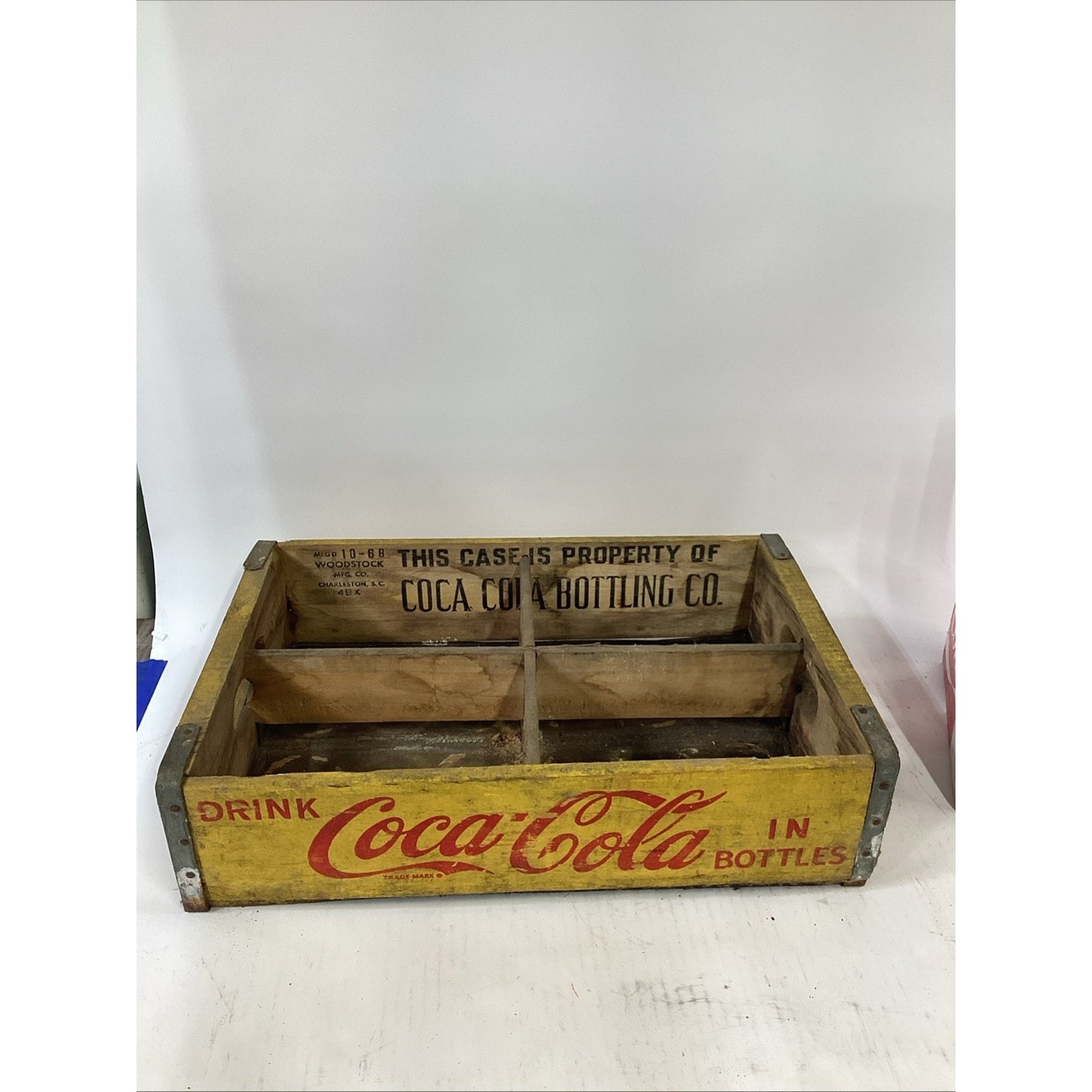 Vintage 1968 Wooden Coca Cola Yellow Wood Crate W/ 6 Bottles In Holder - SC