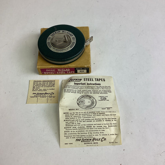 Vintage Lufkin Ni-Clad Royal Steel Tape #433 - 50 Ft - W/ Instructions & Box