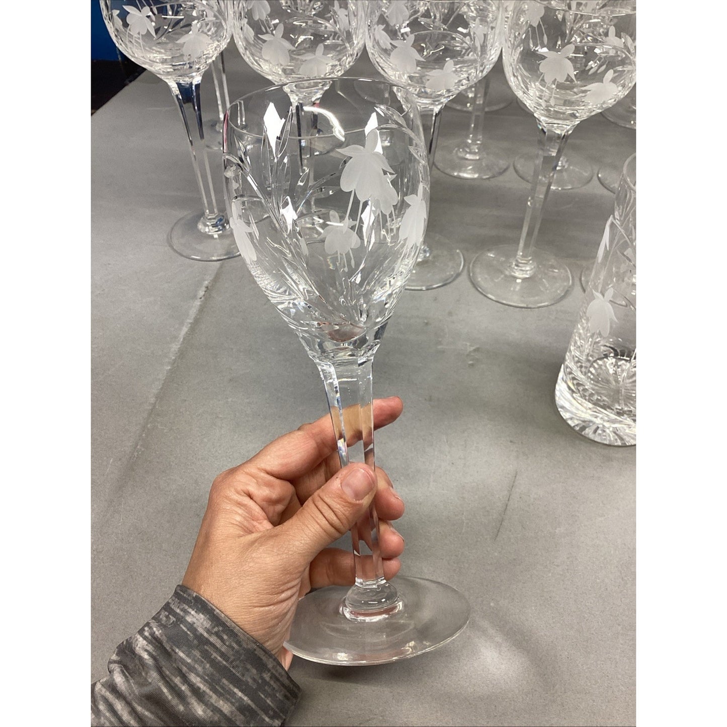 27 Glass Champagne, Red & White Wine Glasses & Water Glasses w/ Frosted Flowers