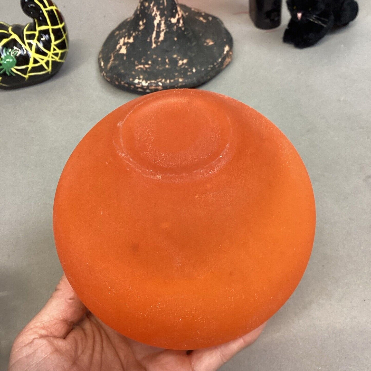 Lot Of 6 - 2 Orange Glass Candle Holders, Shoe Candle Holder, Plush Cat, Witch