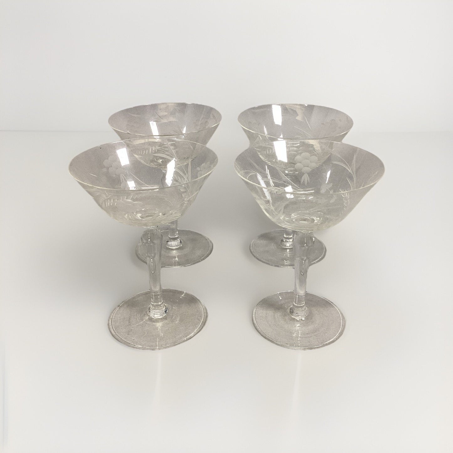 Set Of 4 Floral Etched Glass Champagne Glasses