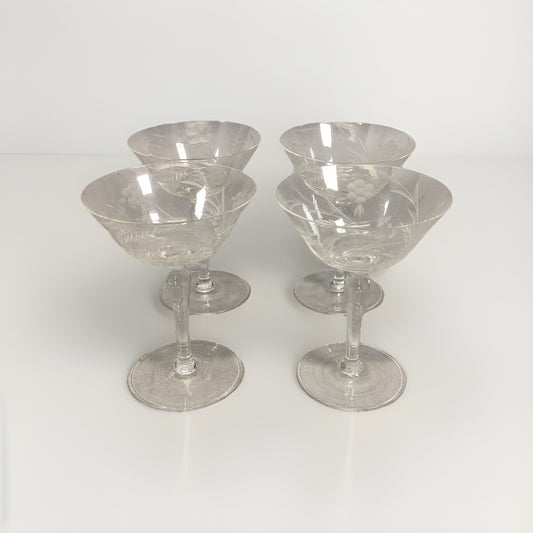Set Of 4 Floral Etched Glass Champagne Glasses