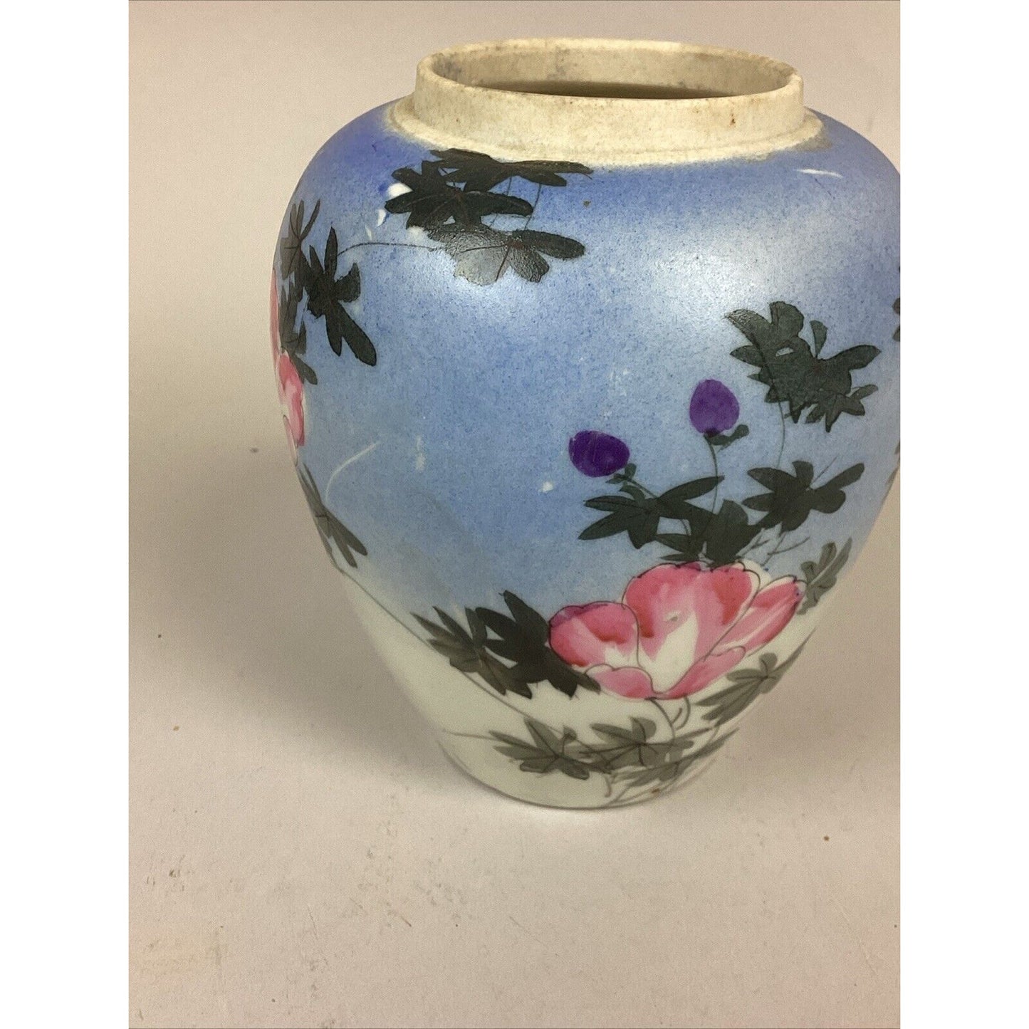 Antique Japanese Floral Vase With Pink/Purple Flowers & Flying Birds - 6 3/4”H