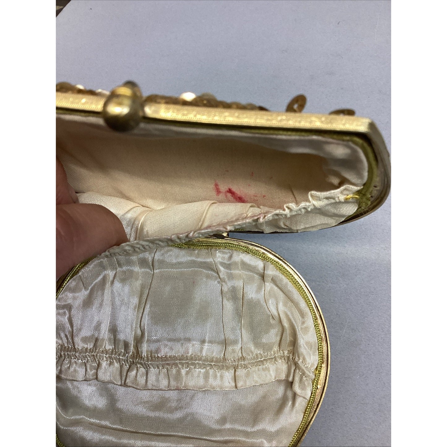 Antique Women’s Gold Sequin Mesh Change Purse With Shoulder Strap & Mirror
