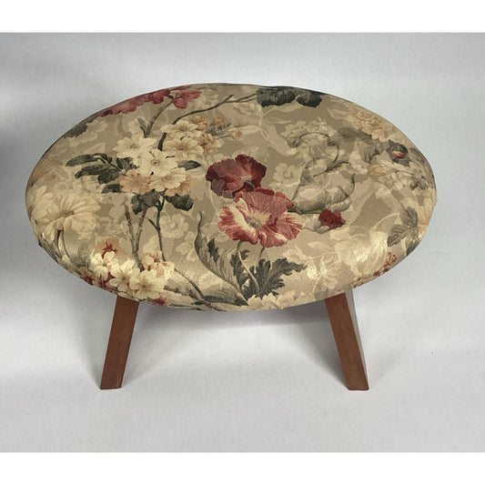 Vintage Floral Footstool Ottoman With Wooden Legs - 14x10.5x9”