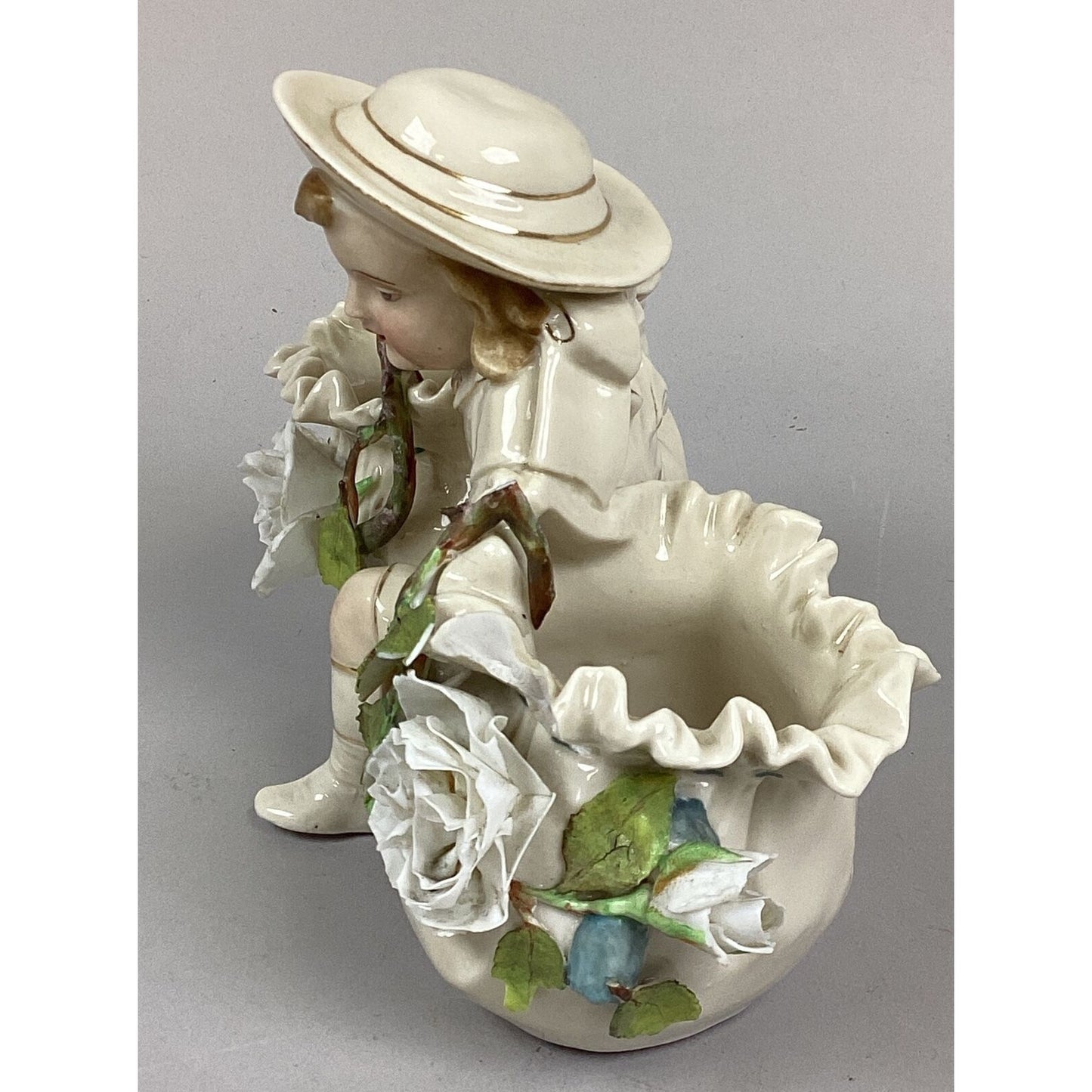 Vintage Porcelain Child Figurine With 2 Flower Vases - 6”