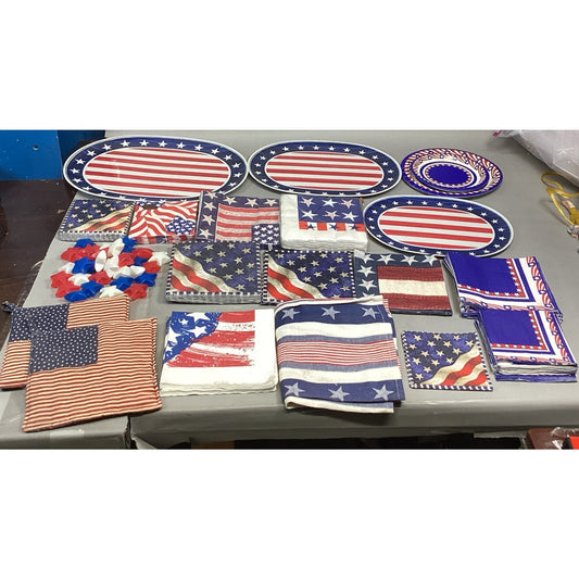 Lot Of 20 July 4th American Flag Decorations- Platters/Plates/Napkins/Ice Cubes