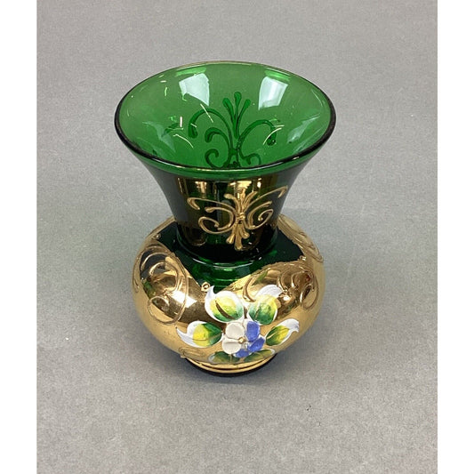 Vtg Bohemian Czech Green Glass Vase Encrusted Gilt Gold Enamel Flowers - 3.25”