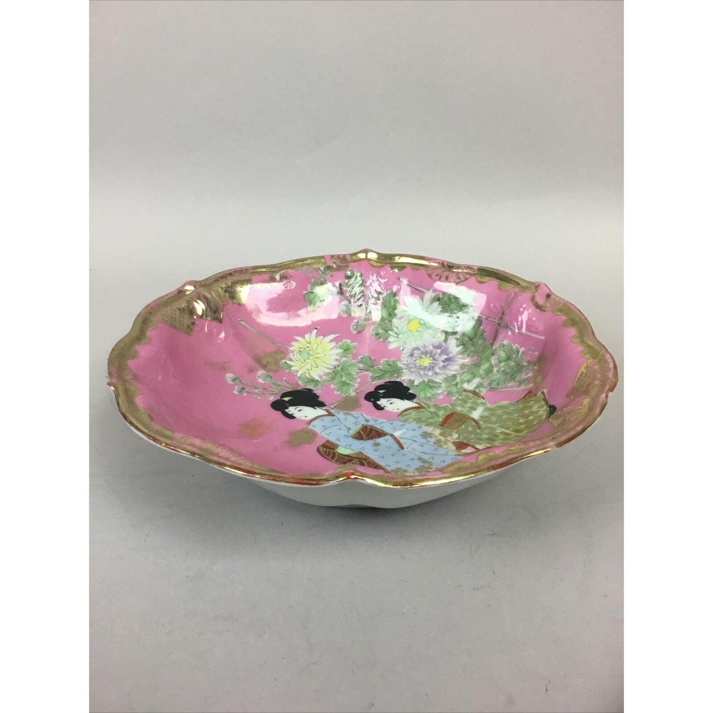 Antique Japenese People pink bowl with gold rim