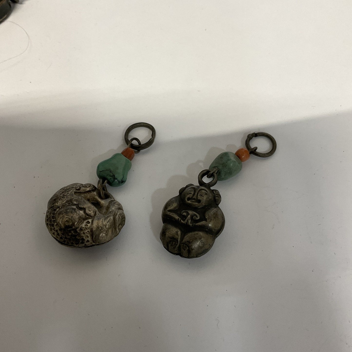 2 Antique Chinese Silver Charm/Pendants/With Turquoise & Coral Adornments