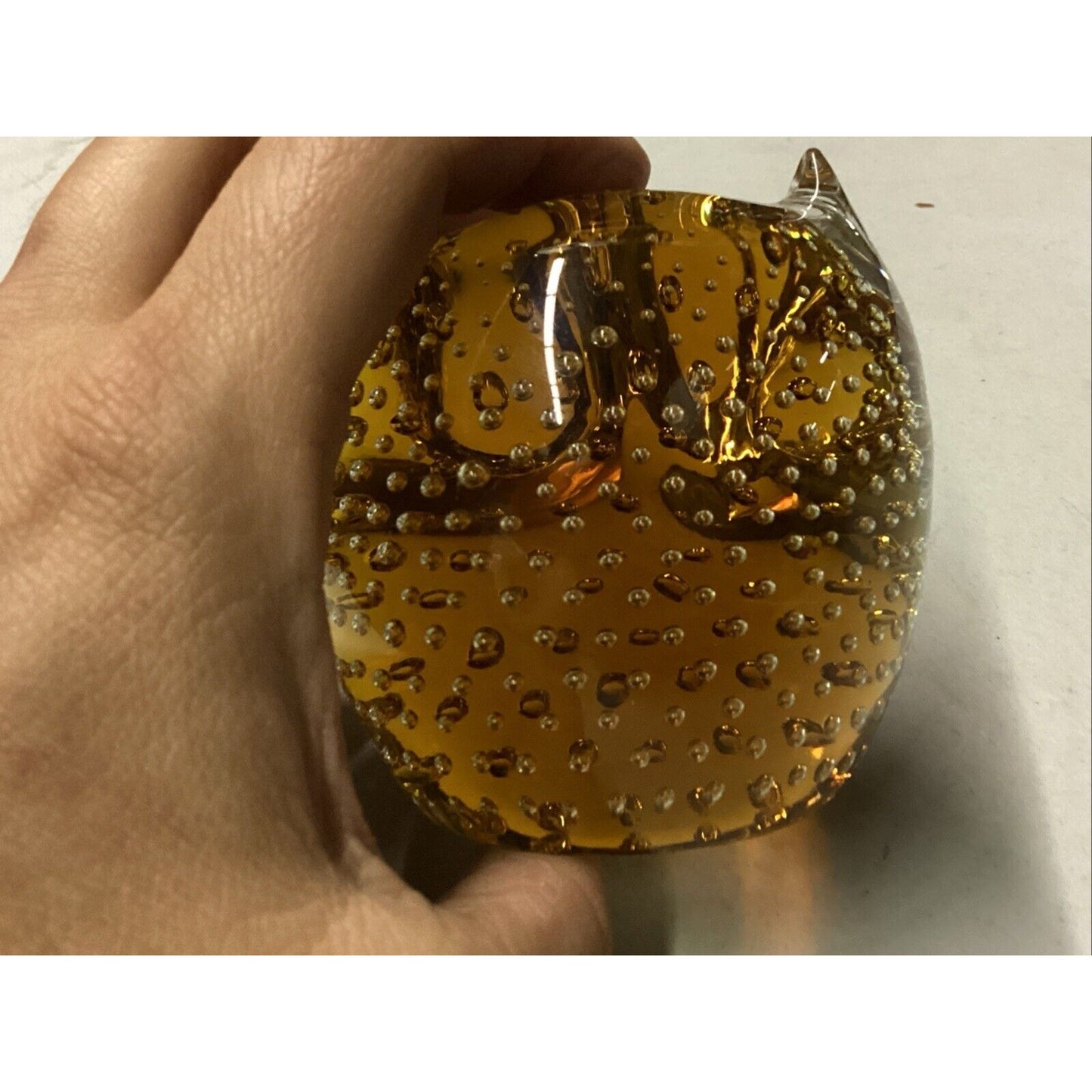 Pilgrim Glass Handblown Horned Owl Paperweight Controlled Bubble Amber USA