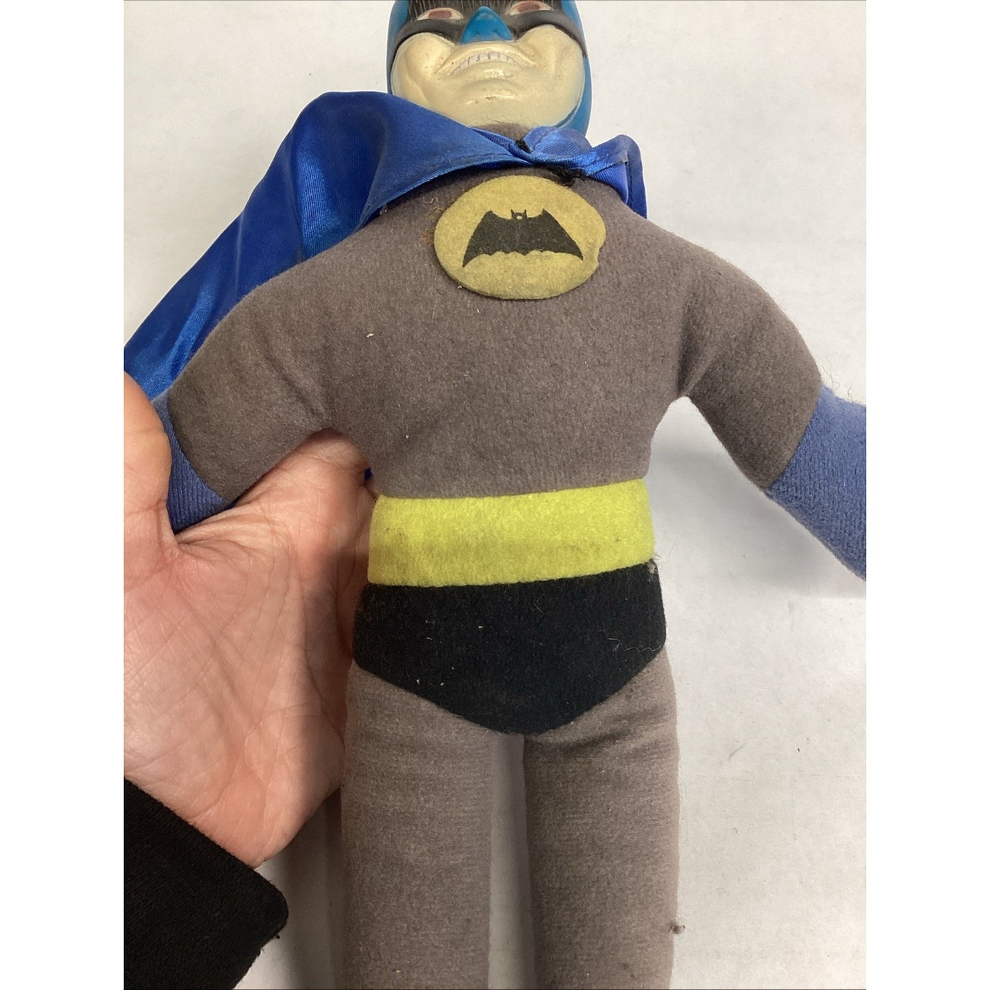 Vintage 1960's-1970's 13.5" Batman Plush Doll W/ Hard Plastic Face Window Cling