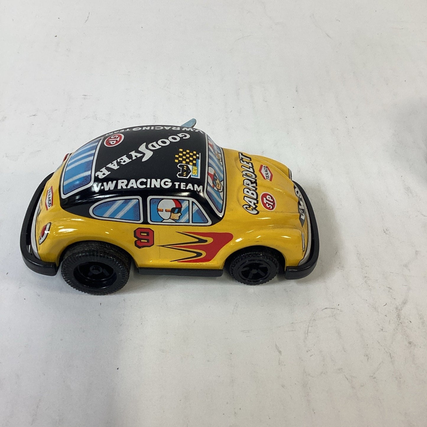 Vintage Lot of 2 Volkswagon Beetle Fire Chief/Racing Wind Up Tin Litho Japan