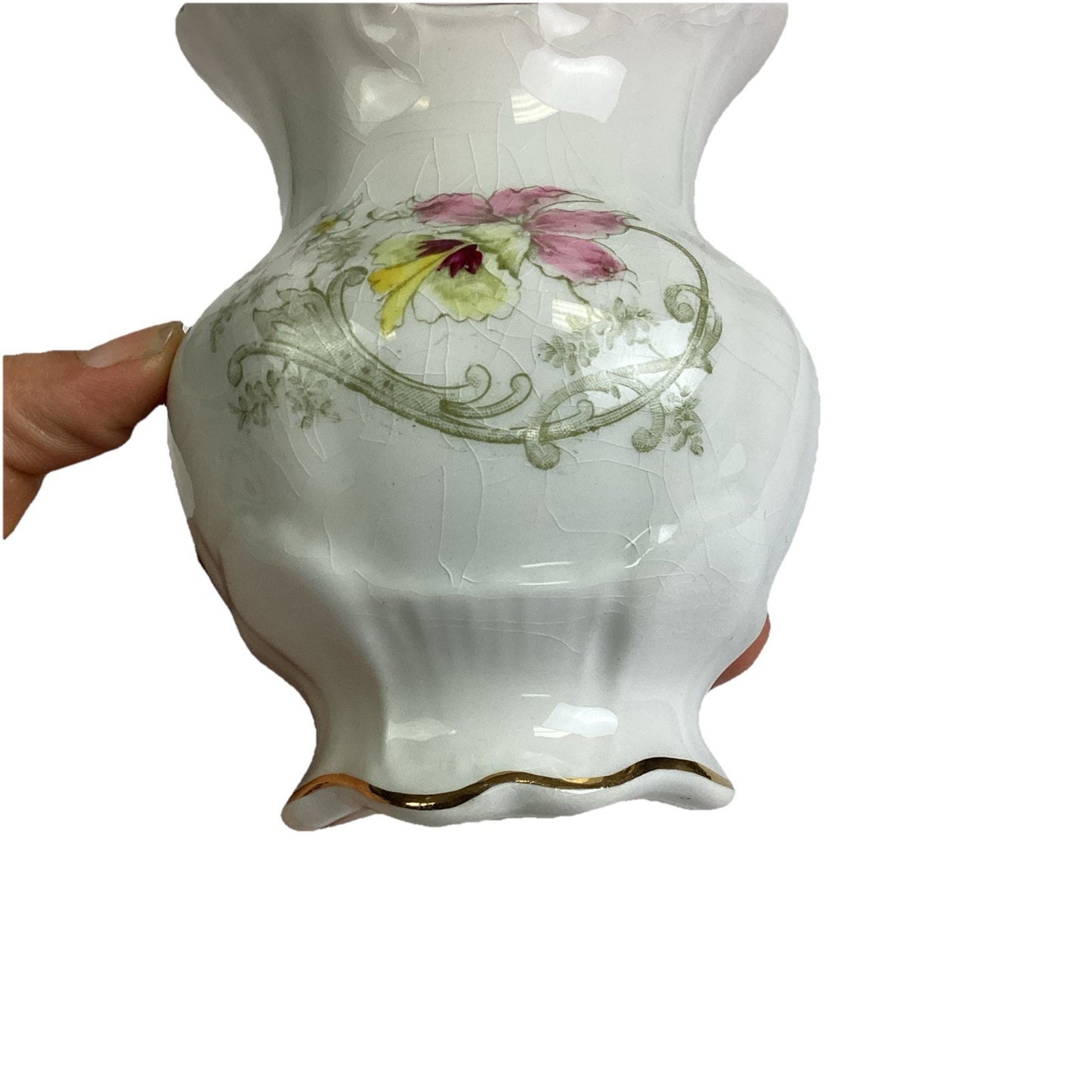 Vintage Homer Laughlin Floral Crackled Ceramic Porcelain Vase W/ Gold Trim
