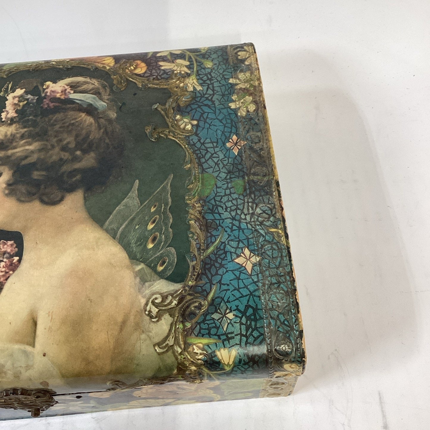 Antique 1900’s Edwardian Lithograph Wooden Jewelry Box W/ Lined Satin - Read