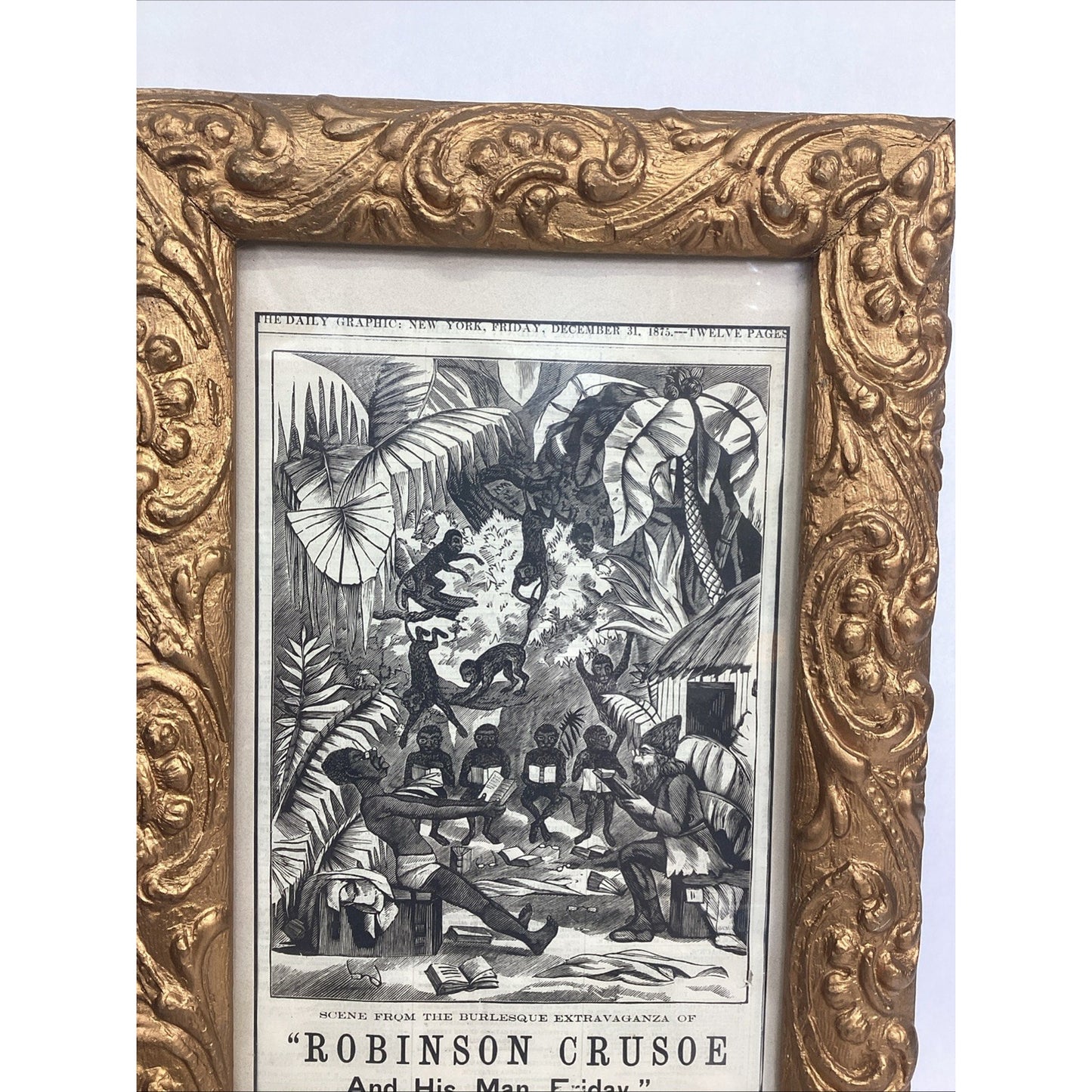 Framed Victorian Style Robinson Crusoe Theatre Poster W/ Ornate Gold Frame