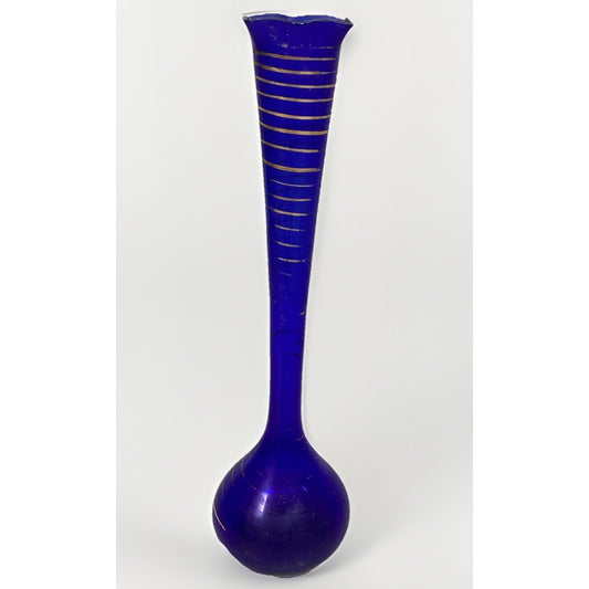 Vintage Cobalt Blue Glass Vase With Gold Stripes - 12”H