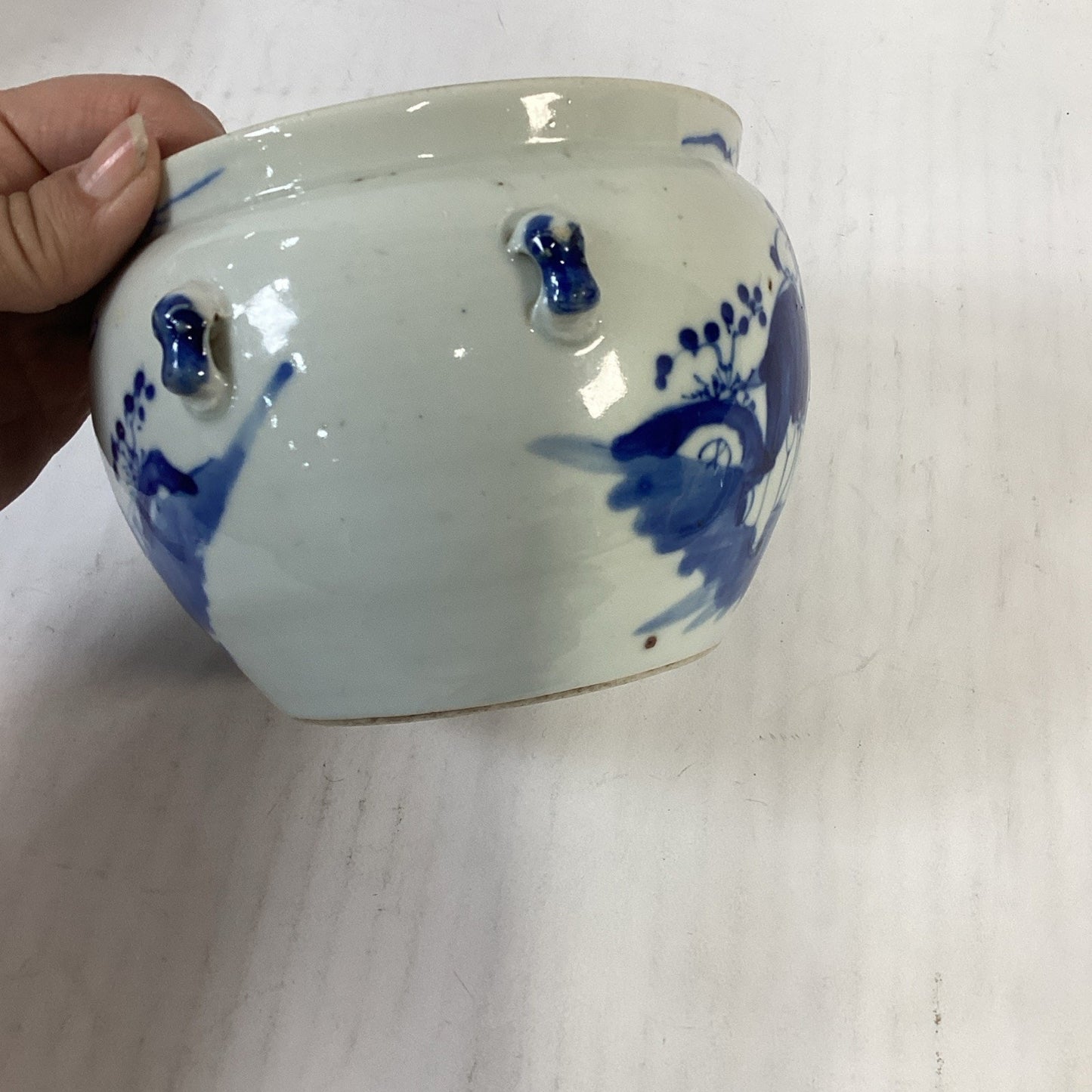 Antique 1851-1861 Chinese Blue And White Porcelain Kamcheng Covered Jar Qing Dyn