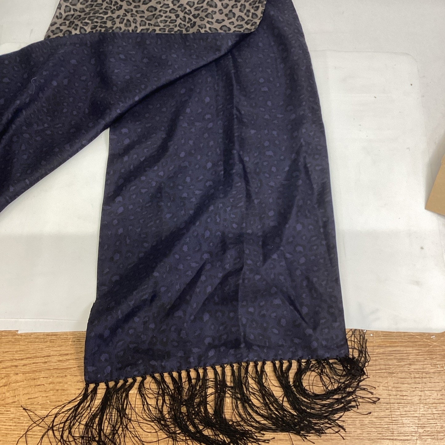 Reversible Leopard Print Scarf With Black Fringe - 50”L
