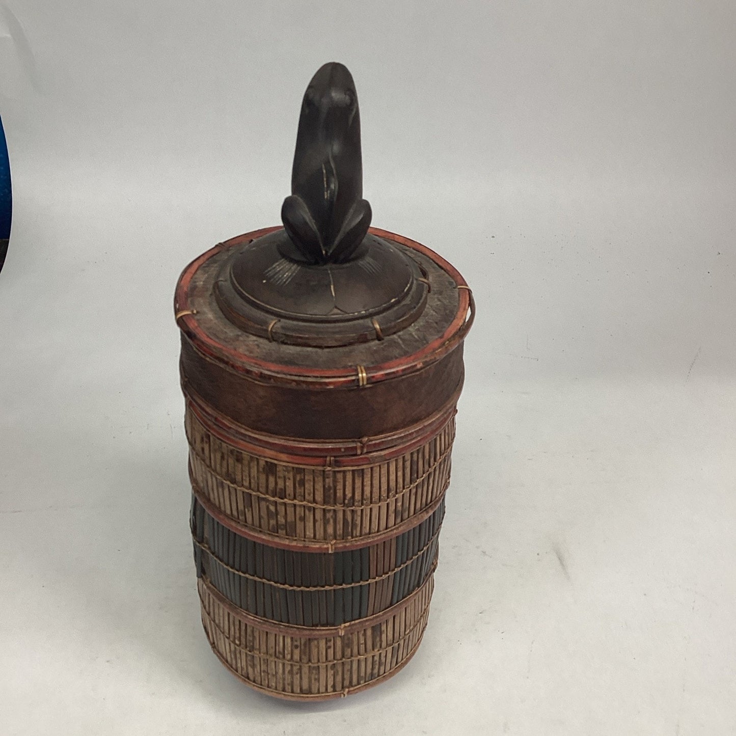 Indonesian / Balinese Handcrafted Bamboo Carved Frog Toad Container W/ Lid