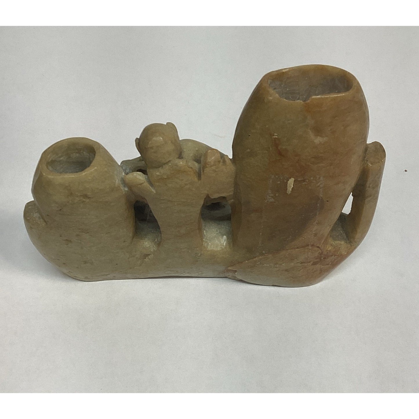 Vintage Hand Carved Chinese Soapstone Monkey Vase Or Toothpick Holder Figurine