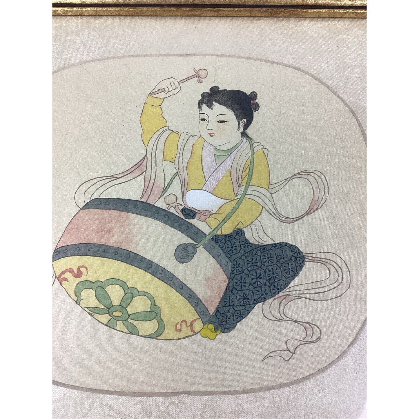 Antique Chinese Watercolor Painting On Silk - Girl Playing Drums