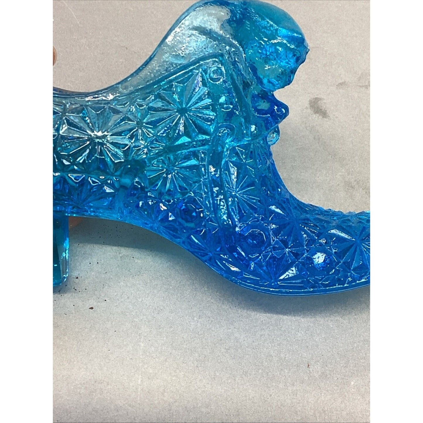 Vintage Fenton Button & Daisy Pattern Glass Blue Slipper Figurine