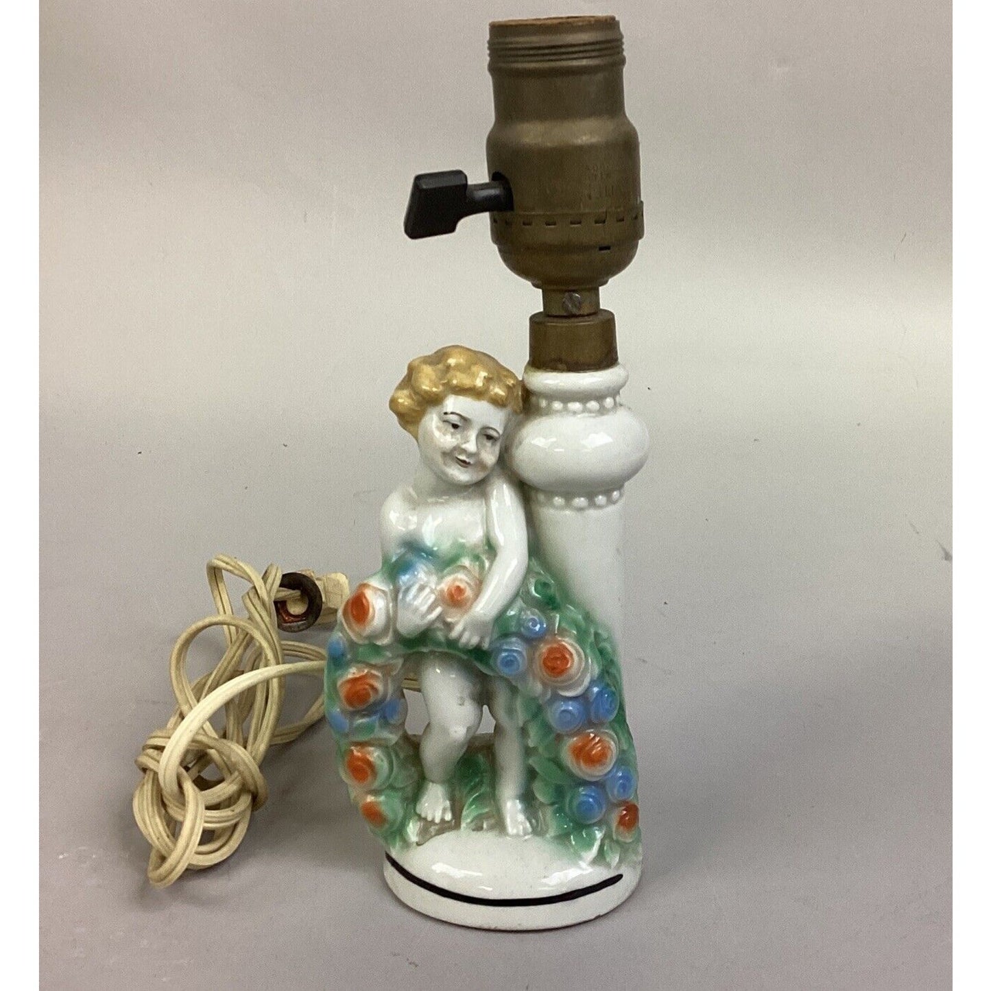 Ornate Vintage Porcelain Lamp - Child Holding Flowers - 9”