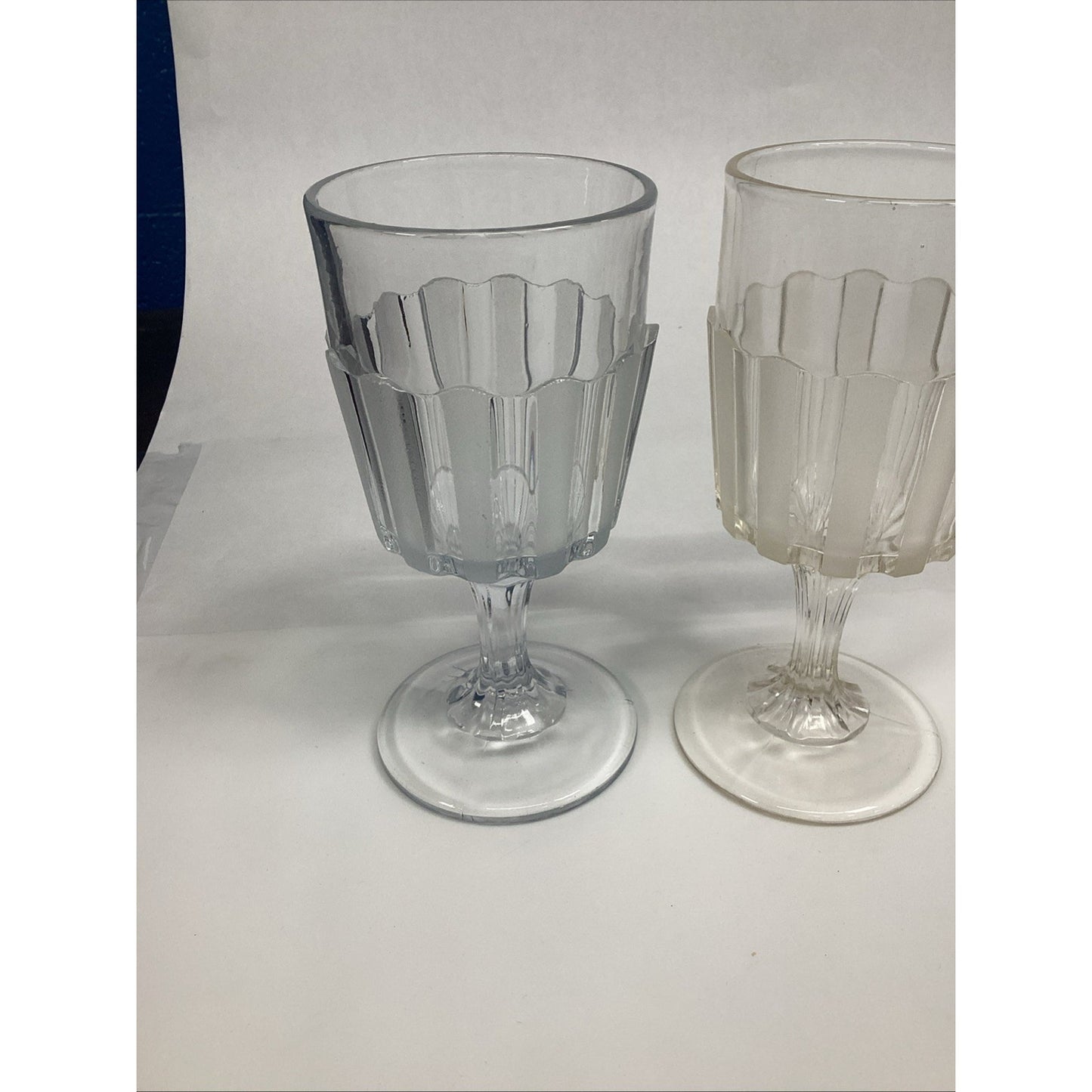 Vintage EAPG Frosted Glass Goblets: Ribbed Stem, Set of 2