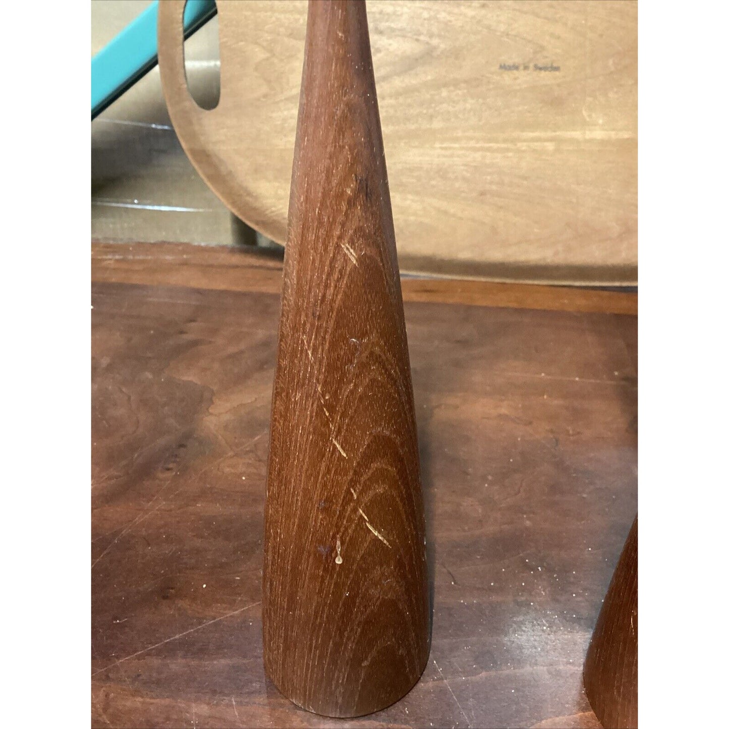 MCM Candle Stick Holders Wooden Pair Danish 12.5”