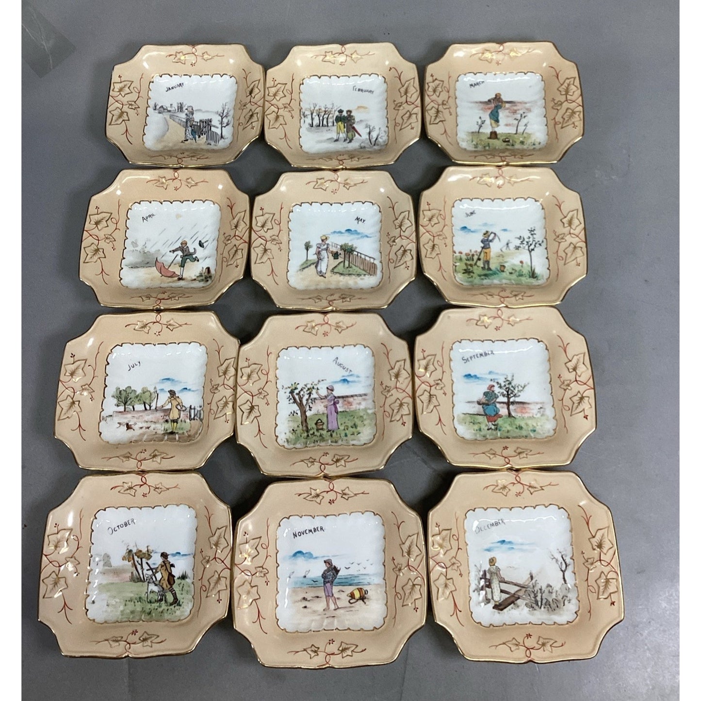 Set of 12 Vintage Months Of The Year Hand Painted Bowls