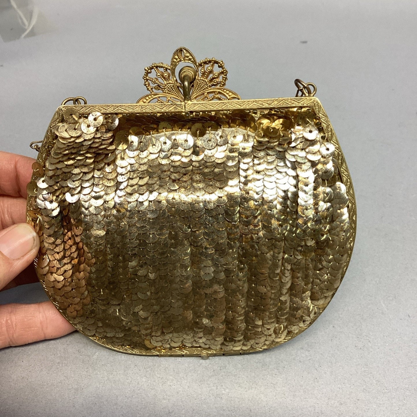 Antique Women’s Gold Sequin Mesh Change Purse With Shoulder Strap & Mirror